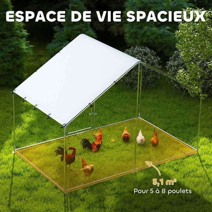 Gallinero PawHut - puerta con cerradura - 5-8 gallinas - cubierta impermeable y resistente a los rayos UV - acero galvanizado - 3x1,7x1,9 m - plateado
