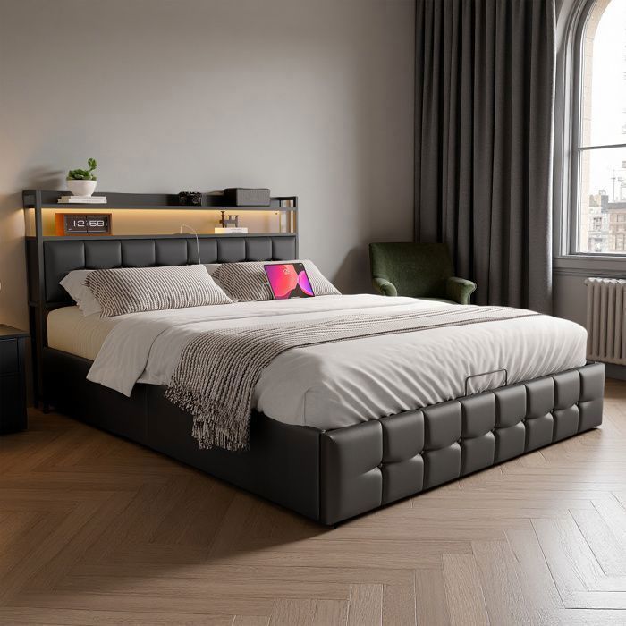 Cama con almacenamiento de 140x190 cm, USB, LED RGB, tela de PU, estructura de cama doble, cama para adultos, color negro.