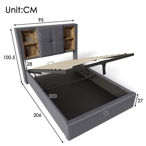 Cama estofada 90 x 200 cm - Carregamento sem fio USB-C - Espaço de armazenamento - Madeira cinza