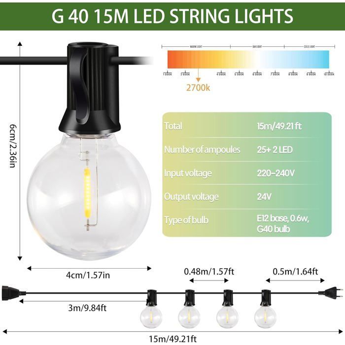 15M ulkokäyttöön tarkoitetut LED-valoketjut, G40 LED-polttimot, IP44 vedenpitävät, ulkokäyttöön tarkoitetut valoketjut