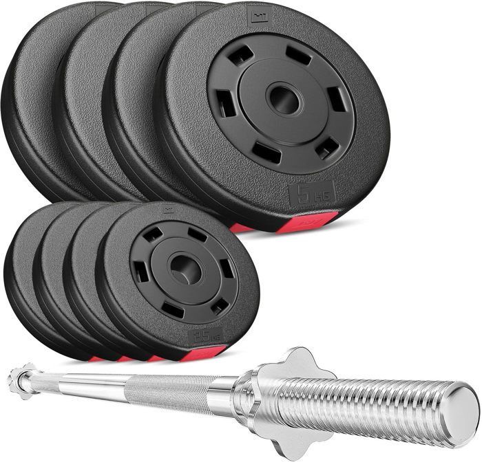 Hop-Sport 37kg Dumbbell Set with 120cm Barbell and Weight Plates for Strength Training (4 x 5kg; 4 x 2.5kg)