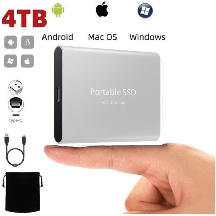 Disque SSD Mini Disque Dur Externe Portable 4TB 4To Argent Type-C avec Pochette Sac de Stockage en Tissu Noir