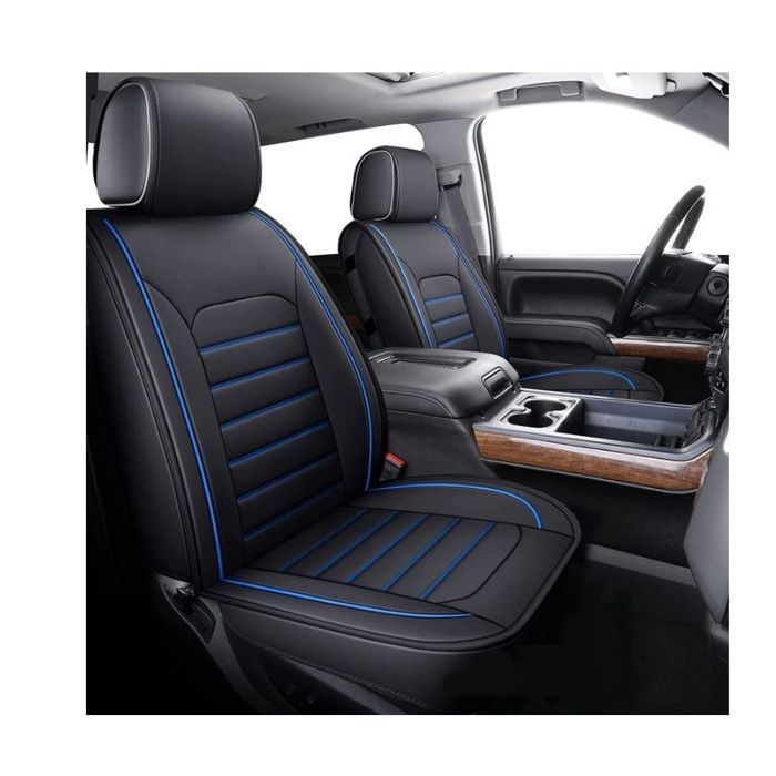 Housses de Siège en Similicuir Noir Bord Bleu Qualité de Luxe Respirant Rembourrées Ensemble Complet 9 pcs Universel pour Voiture