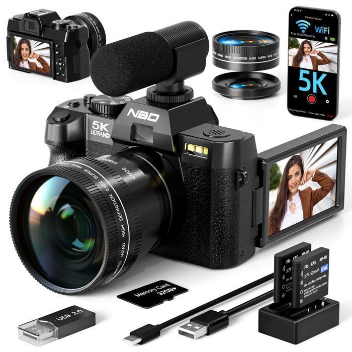 Videocamera digitale NBD 5K per fotografia e vlogging, 48 MP/60 FPS con Wi-Fi e controllo tramite app.