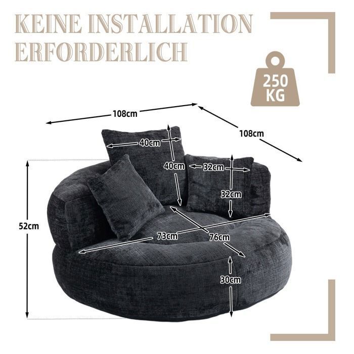 LEMONBEST Poltrona a sacco a 2 posti in ciniglia nera, 108×108×52 cm con 3 cuscini - Poltrona relax