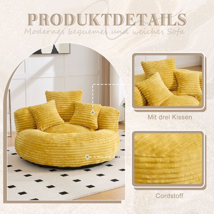 Comoda poltrona a sacco con tre cuscini, 108 x 108 x 52 cm. Divano relax per soggiorno e camera da letto. Poltrona in velluto a coste. Colore giallo.