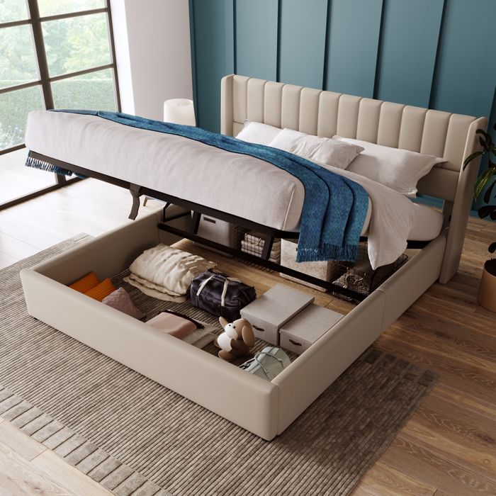 Lit Coffre Adult - 180x200 cm - Tête de Lit Rembourrée - Sommier Relevable Hydraulique Lit Double avec Rangement - Tissu Lin Beige