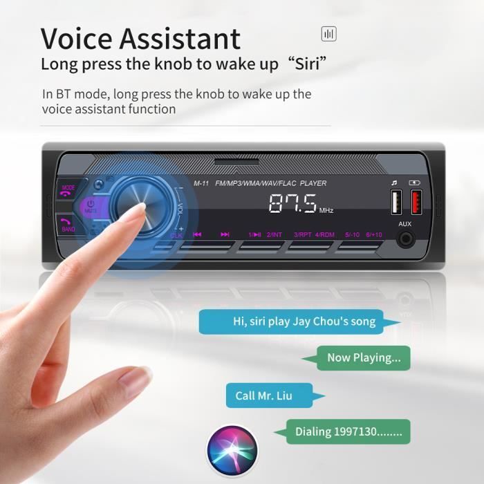 Autoradio PRUMYA 1DIN Bluetooth con USB, AUX, FM, BT 5.0, ingresso per scheda TF, chiamate in vivavoce e controllo vocale.