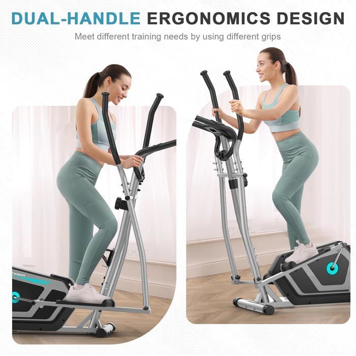 Elíptica silenciosa 3 en 1, 16 niveles de resistencia, peso máximo 130 kg, pantalla LCD, aplicación, ideal para entrenamiento cardiovascular en casa, color azul plateado.
