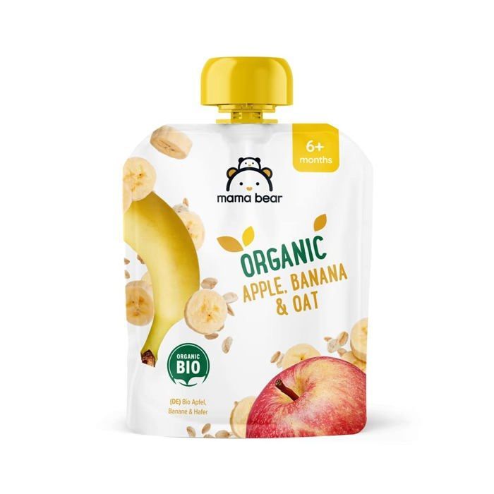 Postres de frutas Mama Bear - 52677 - Marca Amazon - Puré de manzana, plátano y avena, vegetariano, 90 g (paquete de 6)