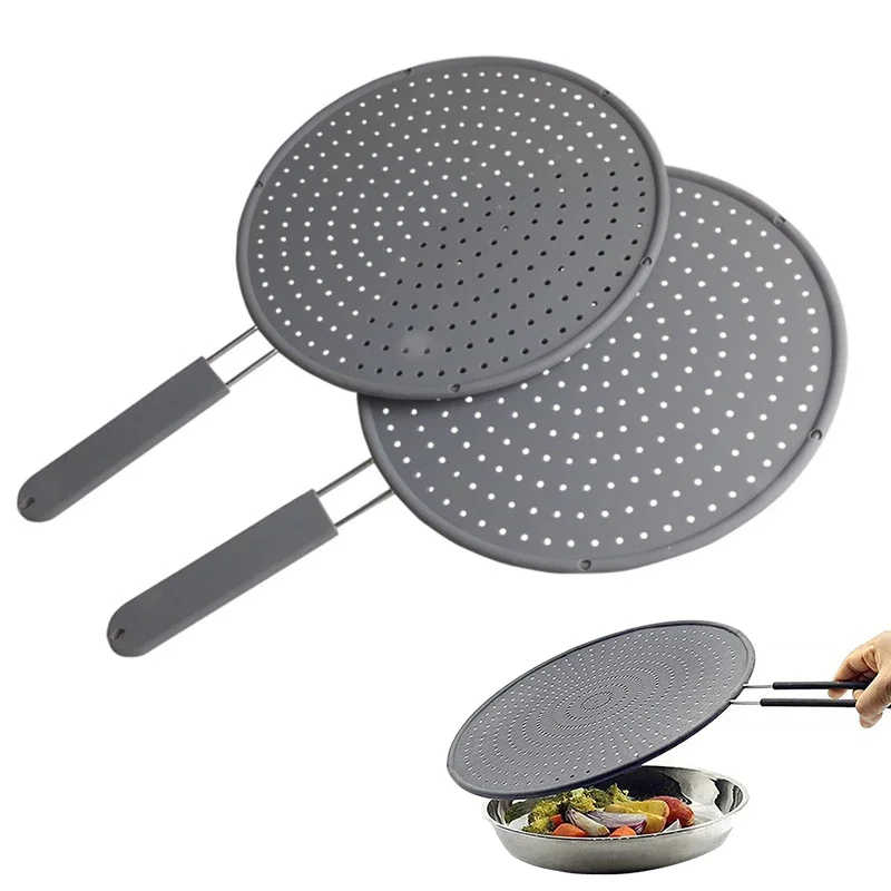 Pare-éclaboussures de cuisine en silicone avec poignée, résistant à la chaleur, protection anti-éclaboussures d'huile, couvercle d'égouttoir, couvercle de poêle à frire