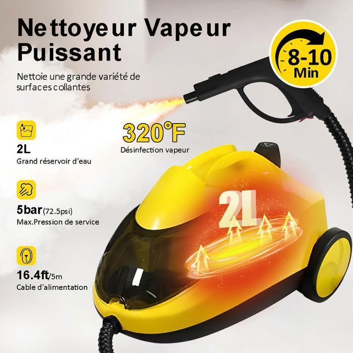 Potente limpiador a vapor de 2000 W - Presión de 5 bares - Depósito de 2 L - 14 accesorios - Autonomía de 40 min - Amarillo