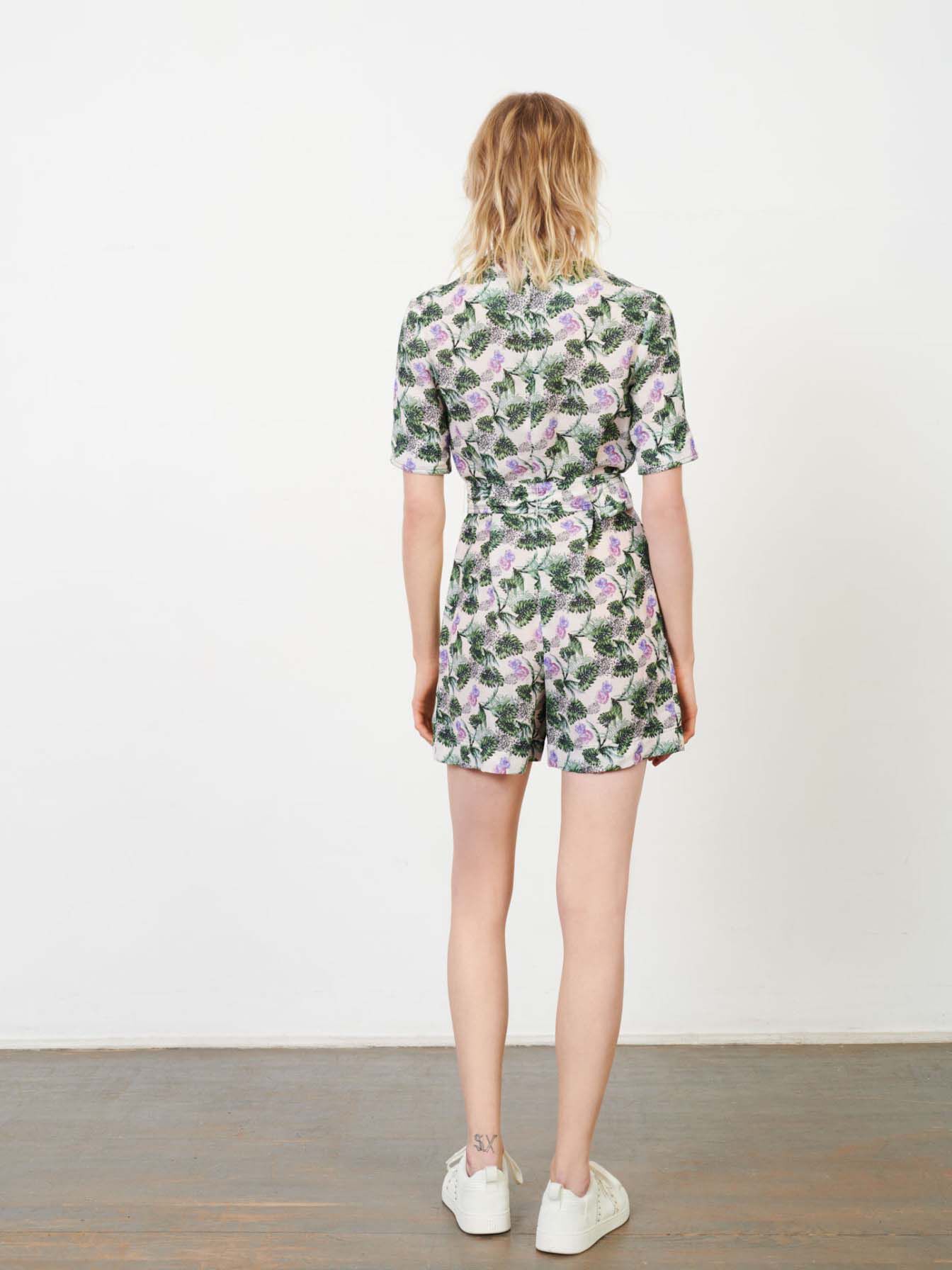 Bedrukte korte jumpsuit van viscose en linnen - Groentegroen/Ecru