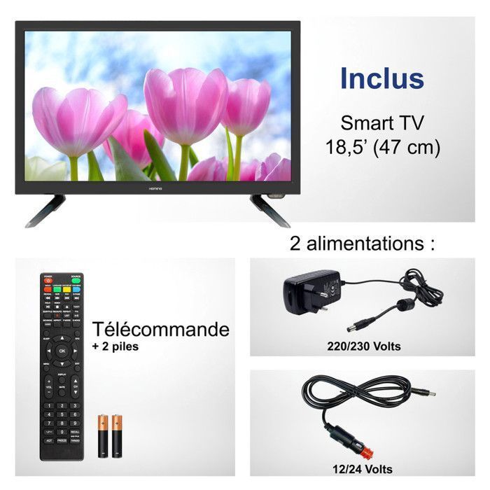 HEMING Smart TV 18,5'' 47 cm Android Connecté WIFI + Bluetooth - 12V/24V/220V - Camping Car Bateau Poids Lourd Cuisine