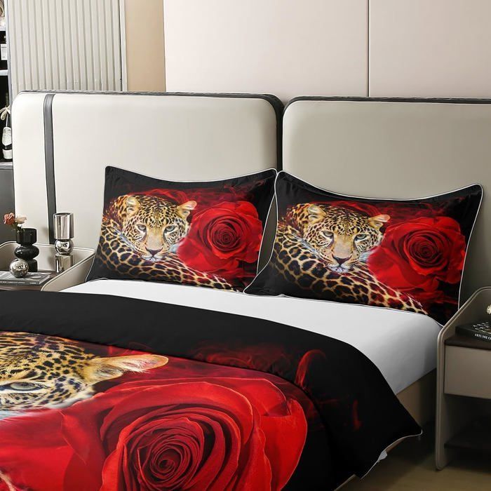Juego de ropa de cama infantil, rosa y rojo, funda nórdica con estampado de guepardo y temática de vida salvaje, 140x200cm