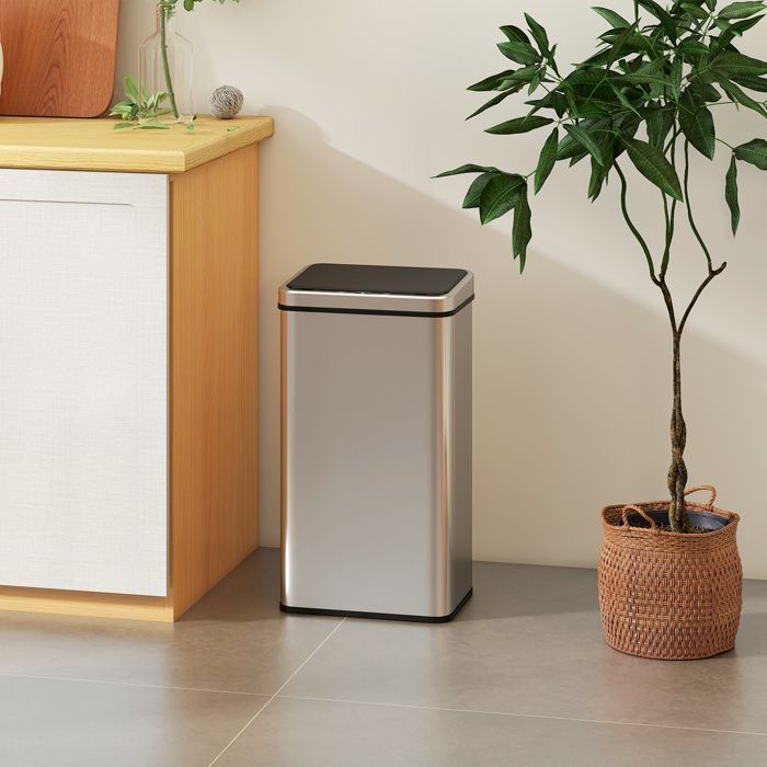 Cubo de basura automático para cocina - HOMCOM - 50L - tapa de cierre suave - acero inoxidable - 35,5x26x67cm - plata