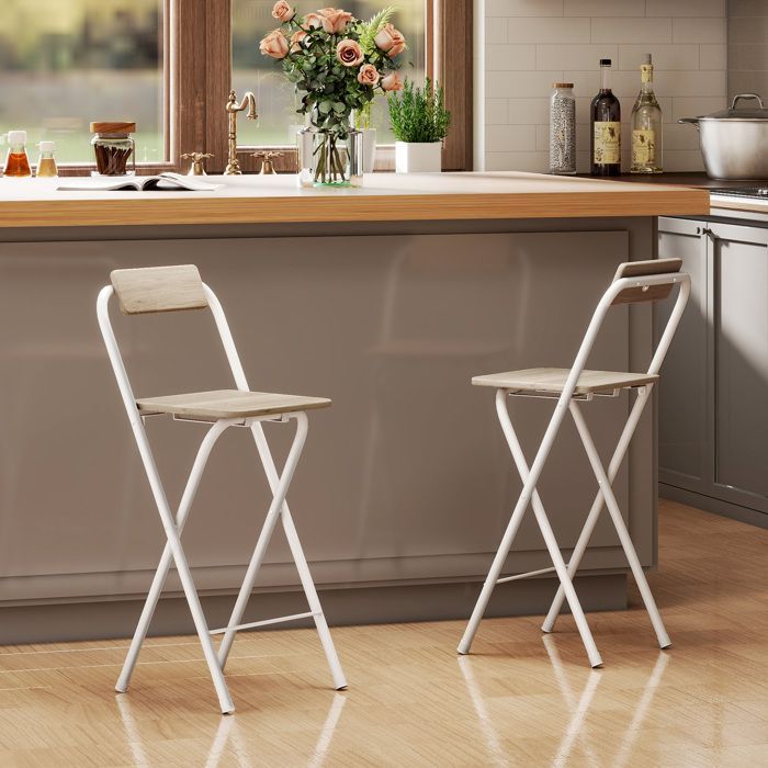 Lot de 2 tabourets de bar - HOMCOM - pliables - dossier et repose-pieds - cadre en acier - 87 cm de haut - effet bois naturel