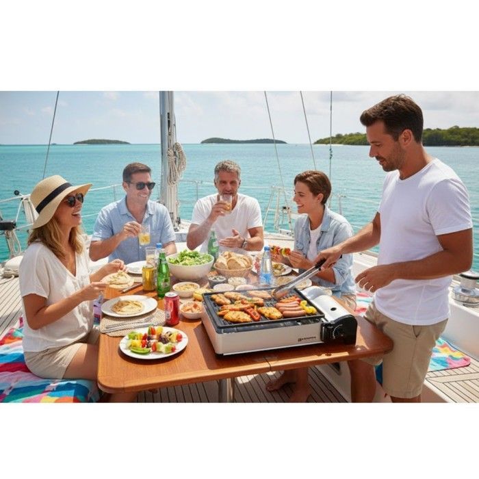 Barbacoa de gas portátil KEMPER de 1900 W con parrilla antiadherente + 4 cartuchos de gas para camping
