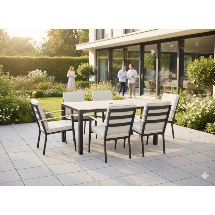 Conjunto de móveis de jardim VARENA em alumínio com 6 lugares, composto por mesa de jantar e poltronas bege.