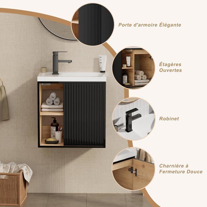 GOOBUY Móvel para Lavatório de 51cm, Móvel de Parede, Lavatório em Resina, Espaço de Armazenamento Oculto/Aberto, Padrão de Linhas, Preto
