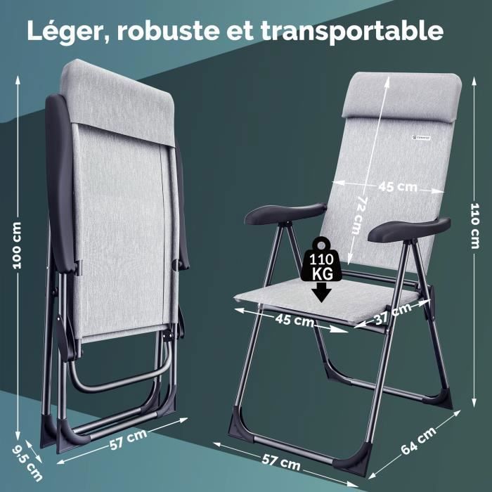 4x chaises de jardin pliantes Gris Chiné en aluminium avec accoudoirs dossier réglable en 7 positions plage piscine camping voyage