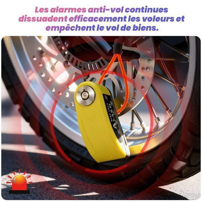 Motorcycle Disc Lock with 110dB Alarm, Reinforced, Waterproof, 1.2m Reminder Cable, 2 Security Keys, 7mm Universal for Motorcycles, Scooters, and Bicycles