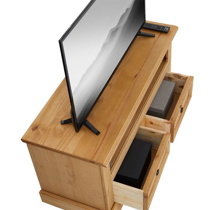 Mueble para TV SALSA, banco de madera de estilo mexicano de 108 cm con 2 cajones y 1 nicho, fabricado en pino macizo con acabado teñido y encerado.