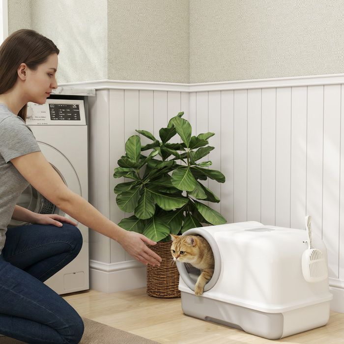 Large enclosed PP litter box, cat toilet for large cats, with lid and scoop, 59 x 39.5 x 39.5 cm, light grey