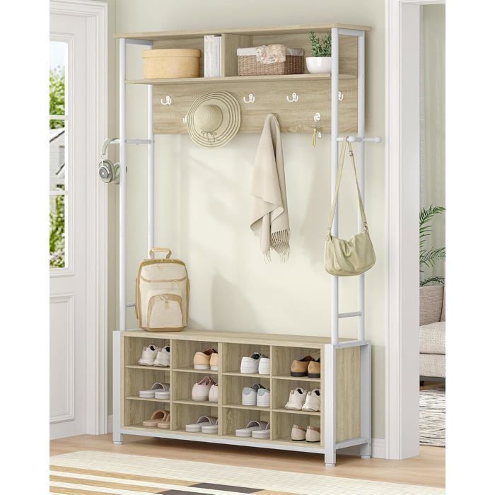 Porte-Manteau, Meuble d'Entrée avec Banc à Chaussures, 14 Compartiments Ouverts, 13 Étagère, pour Entrée, Couloir, Chêne et Blanc