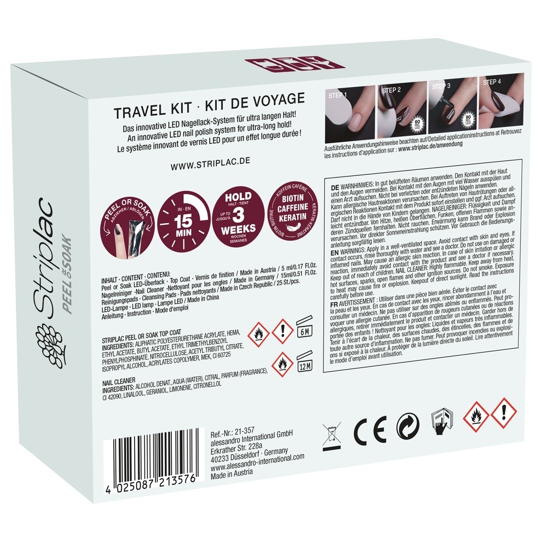 Alessandro UV-Nagellack Peel-or-Soak vrchný lak 5 ml + Nagelreiniger 15 ml + Reinigungspads 25er-Pack + LED-Lampe 1 ks