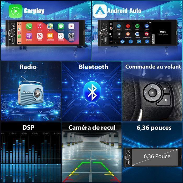 AWESAFE 1 DIN Car Radio with CarPlay and Android Auto, 6.36
