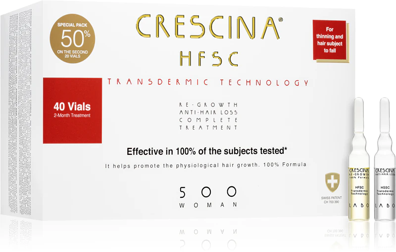 Crescina Transdermic 500 – eine Behandlung zur Förderung des Haarwachstums und gegen Haarausfall bei Frauen, die Haarausfall vorbeugt.