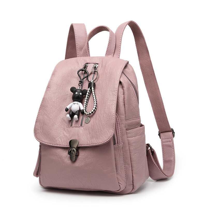 Nuovo zaino antifurto con cerniera da donna, in pelle plissettata, zaini da donna alla moda con ornamento a orsetto, borse a tracolla, zaini da giorno per attività all'aperto.