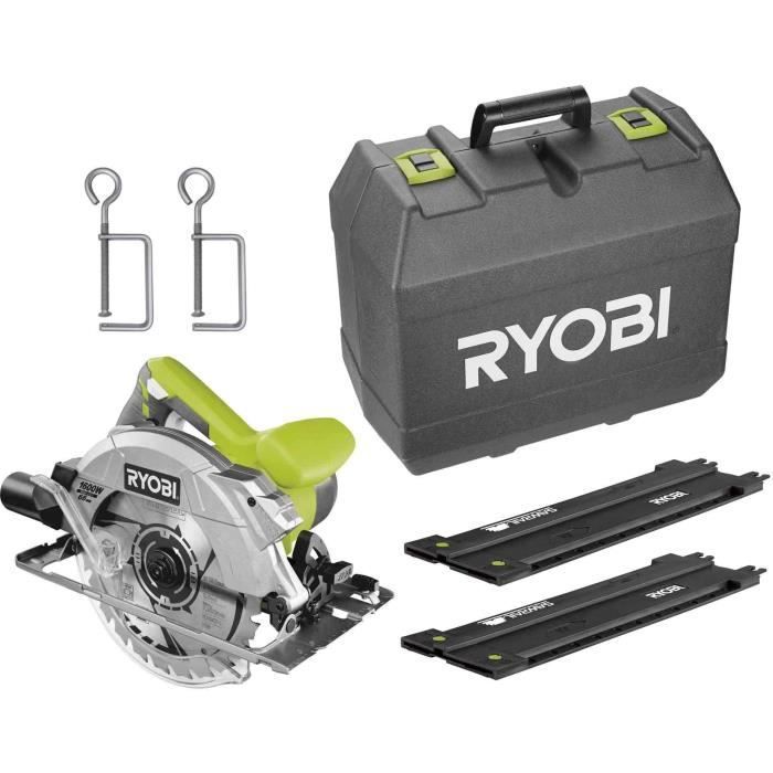 RYOBI - Sierra circular de 1600 W - 190 x 16 mm - 66 mm a 90° - Guía láser - Se suministra en un maletín con una hoja de 24 dientes y riel guía - RCS1600-KSR