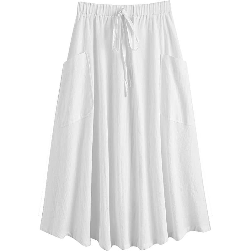 Women's Casual High Waist Pleated A-Line Midi Skirt with Pocket