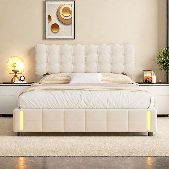 Cama con almacenamiento de 140x190 cm, cama doble con iluminación LED, cabecero, sensor de luz nocturna, somier de láminas, cama para adultos, terciopelo, beige.