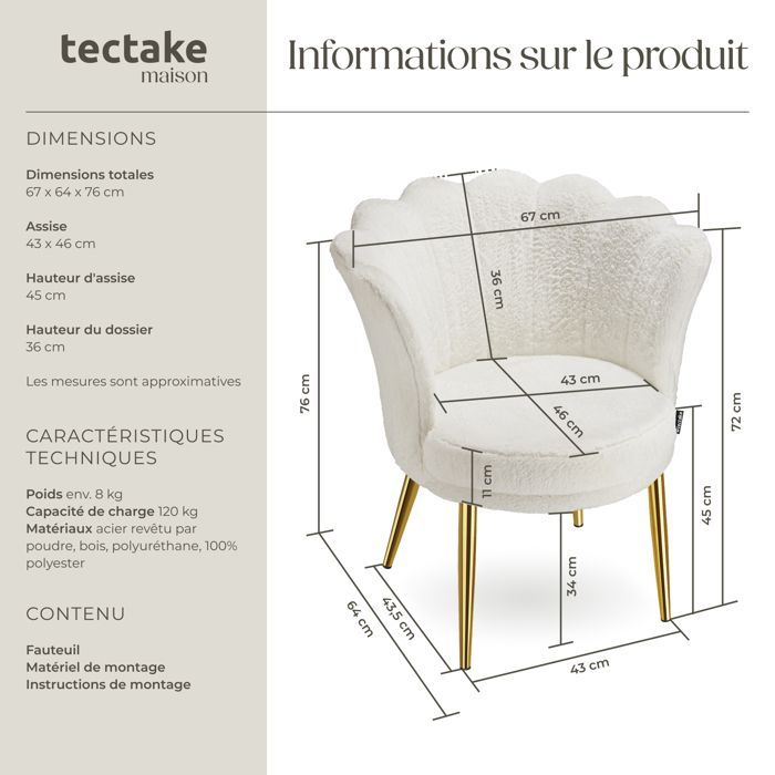 Silla - TECTAKE - STELLA, silla de oficina tapizada con funda de piel sintética, 67 x 64 x 76 cm - Crema/Oro