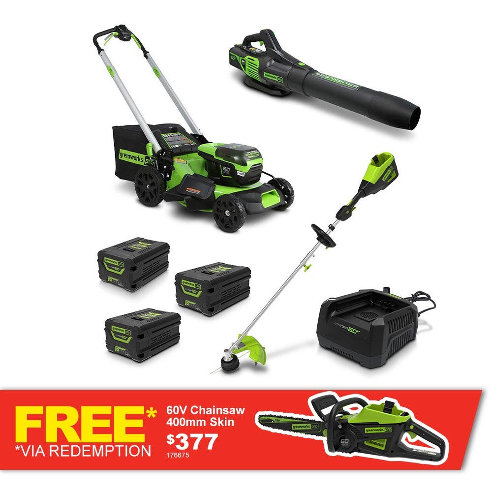 GREENWORKS 60V 1 x 6.0Ah / 2 x 4.0Ah Mașină de tuns iarba + Suflantă + Kit multifuncțional 1305307AUVT