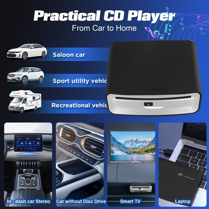 Lecteur CD DVD Bluetooth pour voiture, Boîtier USB d'origine Lecteur CD Appareil de navigation universel pour voiture/téléviseur