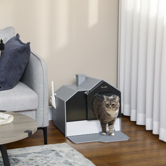 Maison de toilette pour chat - PawHut - bac à litière design maisonnette porte battante pelle tapis - plastique - 47x45x42cm - gris