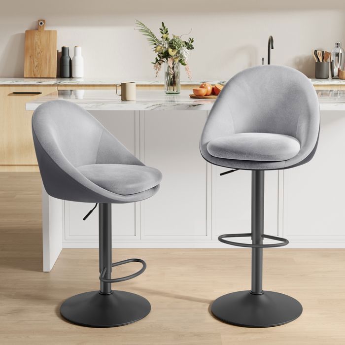 Sgabello da bar, set da 2, regolabile in altezza, girevole a 360°, con schienale, base e poggiapiedi, in acciaio, grigio tortora