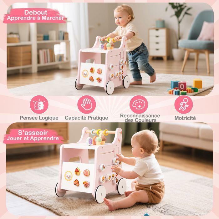 Andador de madera DREAMADE para niños de 1 año en adelante, carrito de helados multifuncional con accesorios para dulces y ruedas suaves, rosa.