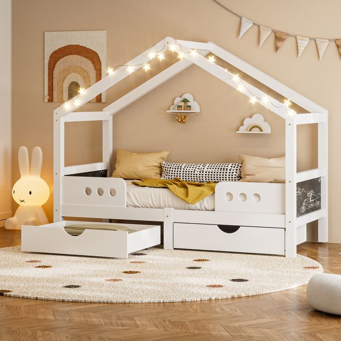 Letto per bambini bianco 90 x 200 cm, letto a castello con scrivania, 2 ampi cassetti contenitore e tetto a soppalco - Legno massello + MDF