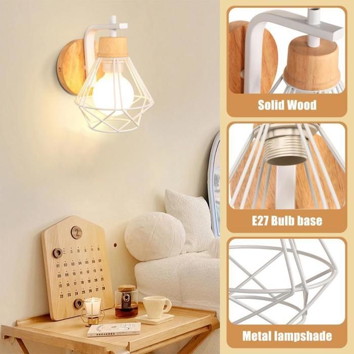 IDEGU 2 apliques de pared vintage tipo jaula, blancos, lámpara de pared industrial de 16 cm en hierro y madera, luminaria retro E27