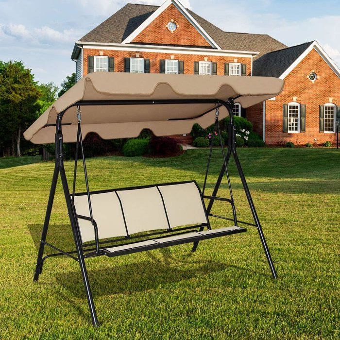 GOPLUS 3-Seater Garden Swing 170x120x153CM, with Adjustable Canopy, Textilene Fabric/Steel Frame, Brown