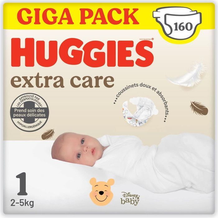 Huggies Extra Care Baby, 4 packs of 40 diapers, Clear, Size 1 (2-5 kg)