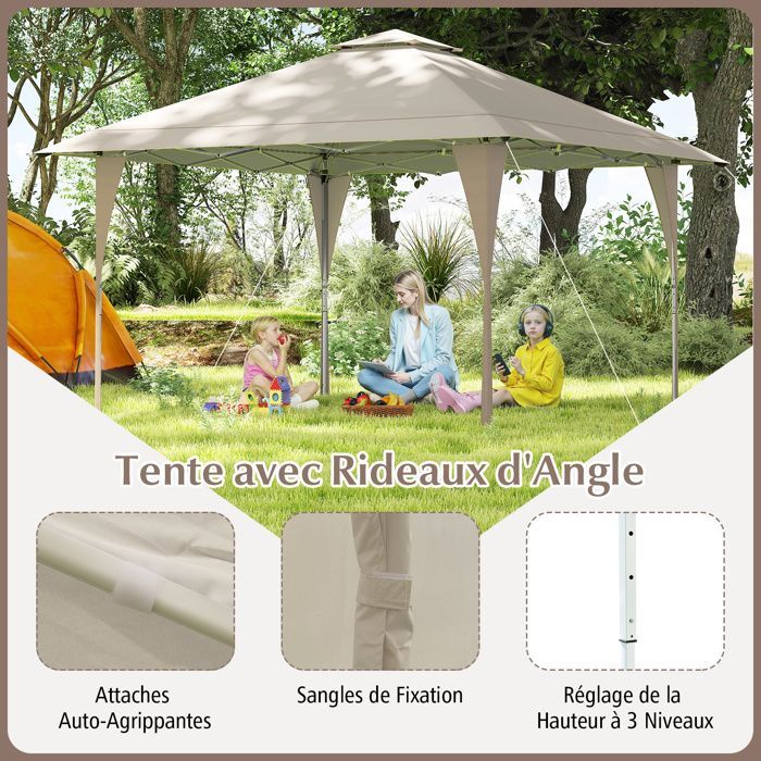 Faltbarer Gartenpavillon mit belüftetem Dach, 395 x 395 cm – COSTWAY – 3-fach höhenverstellbar – Partyzelt für Grillabende – Khakifarbene Tragetasche