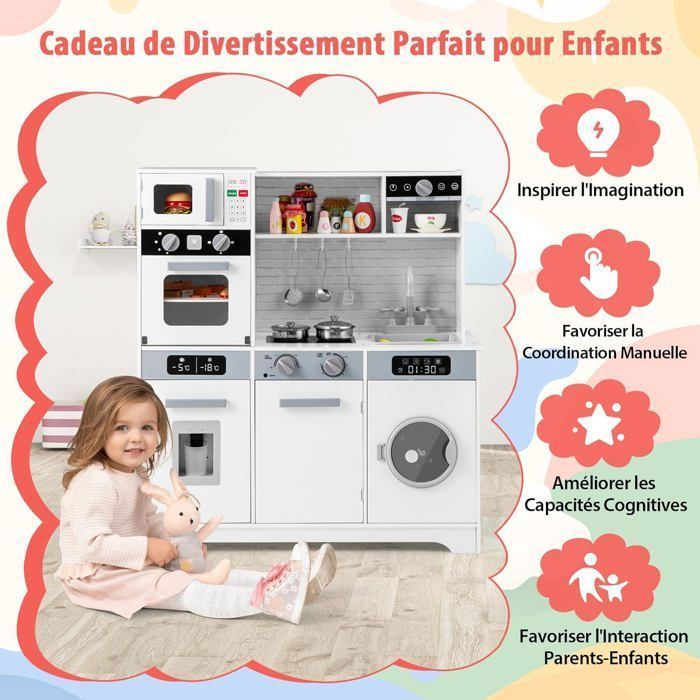 COSTWAY Kinderkeuken voor kinderen vanaf 3 jaar, 7 accessoires, waterdispenser, magnetron, oven, wasmachine, geluiden en lichtjes