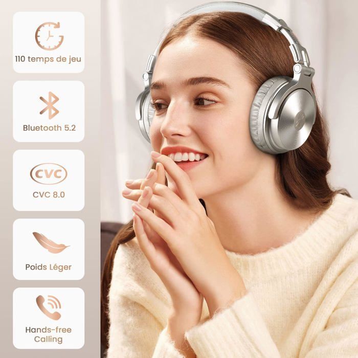 Studio Pro-C Kopfhörer - Bluetooth 110h & Kabelgebunden, Hi-Res, Mikrofon, Ohrpolster aus Proteinleder (Silber)