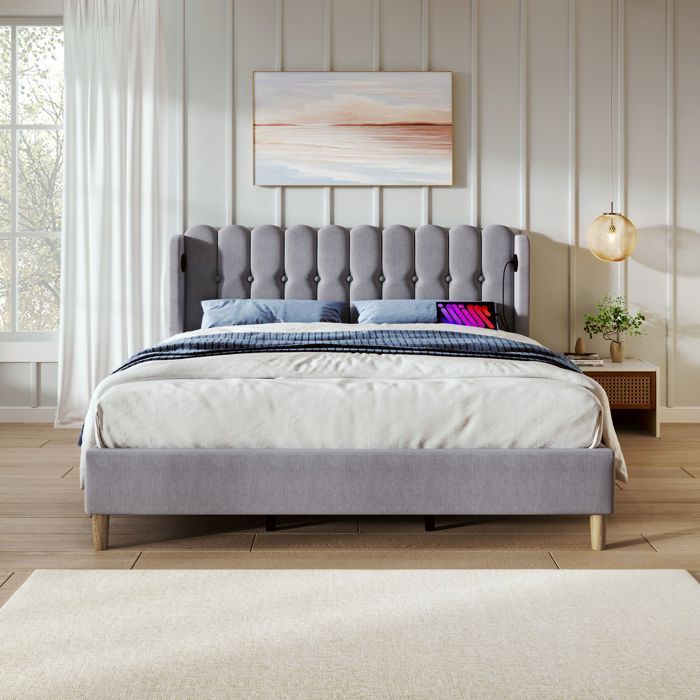Lit double 140x200 cm Lit adulte 2 personnes Lit capitonné avec chargeur USB Type C, cadre de lit avec sommier à lattes, lin, gris